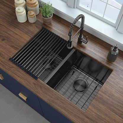 LQS Black Undermount Kitchen Sink 32 Inch, Black Kitchen Sink Undermount 32" x 18", 50/50 Double Bowl 16 Gauge Stainless Steel Sinks with Roll-up Dying Rack and Accessories, R10 Round Corner