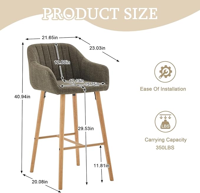 Modern Stools Set of 2, Kitchen Island Tall Chairs with Back, Arm, Footrest and Solid Wood Leg, Linen Fabric Upholstered Stools - Green