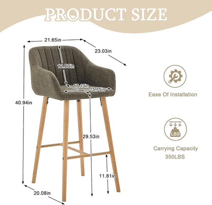 Modern Stools Set of 2, Kitchen Island Tall Chairs with Back, Arm, Footrest and Solid Wood Leg, Linen Fabric Upholstered Stools - Green