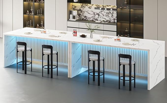 71" Faux Marble Dining Table for 4-6, Island Table with LED Lights, Modern Marble Stripes Kitchen Dining Table with Grille Design for Dining Room, Living Room, White