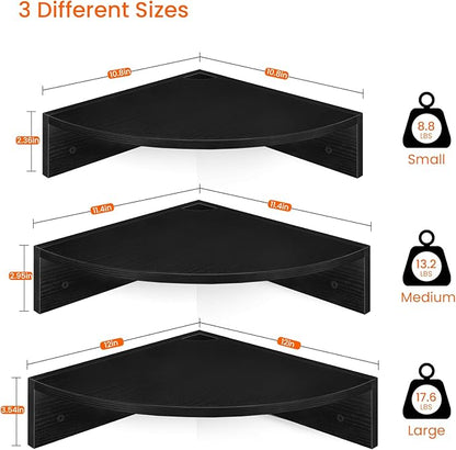Homode Corner Floating Shelves, Set of 3 Corner Shelves Wall Mounted with Cable Hole, 3 Tier Wooden Hanging Corner Storage Shelf for Bedroom, Living Room, Kitchen, Black