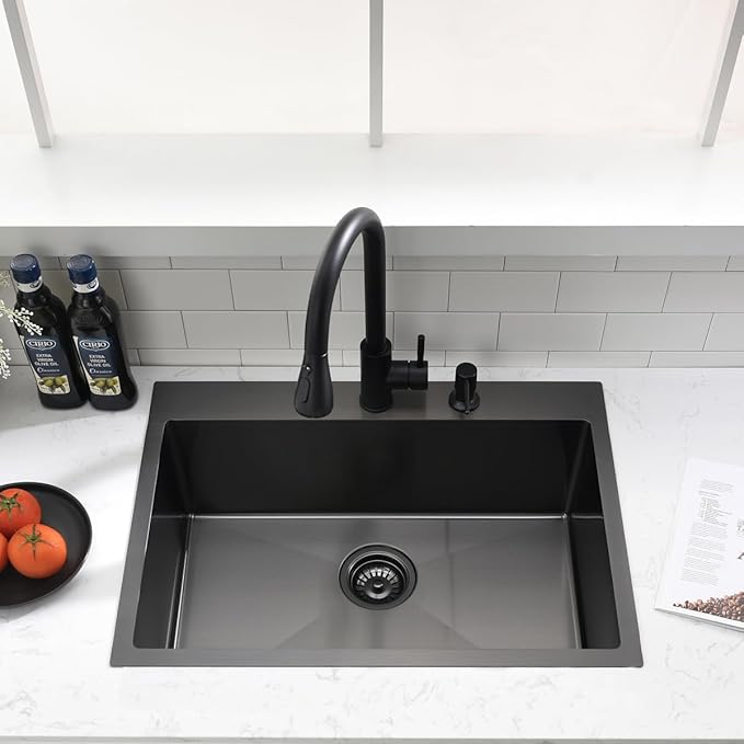 26 inch Black Drop in Kitchen Sink - VOKIM 26"x 19" Inch Drop in sink Stainless Steel Single Bowl top mount Sink With Dish Grid