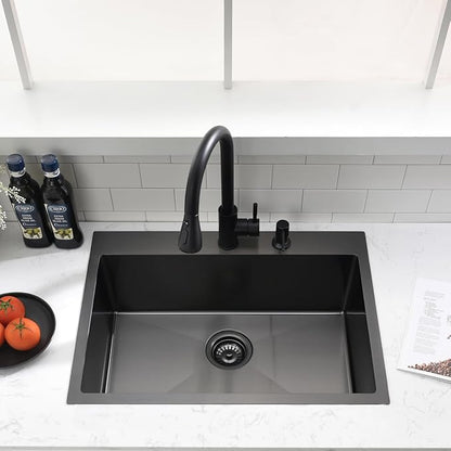 26 inch Black Drop in Kitchen Sink - VOKIM 26"x 19" Inch Drop in sink Stainless Steel Single Bowl top mount Sink With Dish Grid