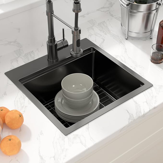 Sarlai Drop Bar Sink - 18 Inch Black Outdoor Kitchen Sink Gunmetal Black Drop In Workstation 18 x 18 Topmount Stainless Steel 16 Gauge Single Bowl Kitchen Bar Prep RV Outdoor Sinks Basin