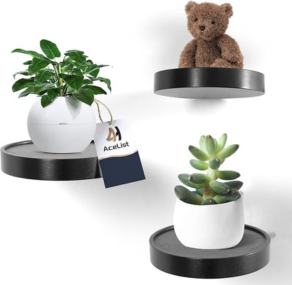 AceList Small Round Floating Shelves (Set of 3), 6 Inch Real Wood Circle Wall Shelf for Bathroom & Bedroom Decor, Matte Black Invisible Mount Display Rack for Plants, Collectibles, and Trophies
