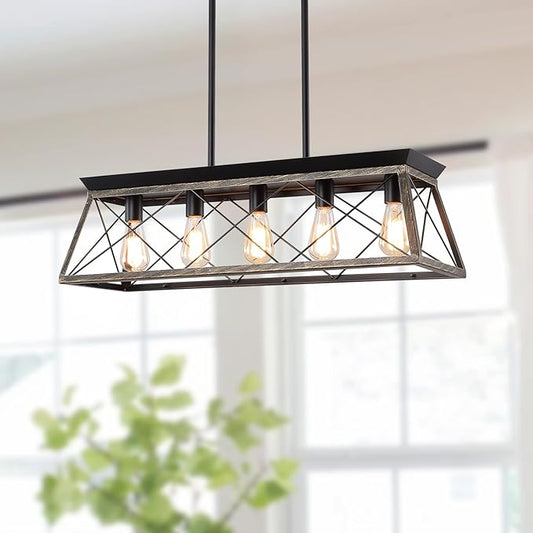 5-Light Pendant Lights Fixture, Farmhouse Chandeliers for Dining Room, Rustic Island Lights for Kitchen, Rectangular Chandelier Rustic Farmhouse Light Fxiture Gold&Black