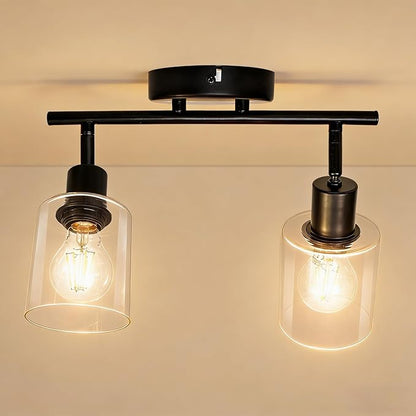 HiBay 2-Light Track Lighting Fixture Black, Ceiling or Wall Mount Rotatable Spotlights with Glass Shades, Modern Farmhouse Industrial Lights for Bedroom, Kitchen Sink, Loft, E26 Base