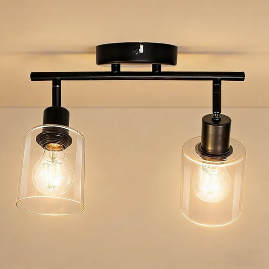 HiBay 2-Light Track Lighting Fixture Black, Ceiling or Wall Mount Rotatable Spotlights with Glass Shades, Modern Farmhouse Industrial Lights for Bedroom, Kitchen Sink, Loft, E26 Base