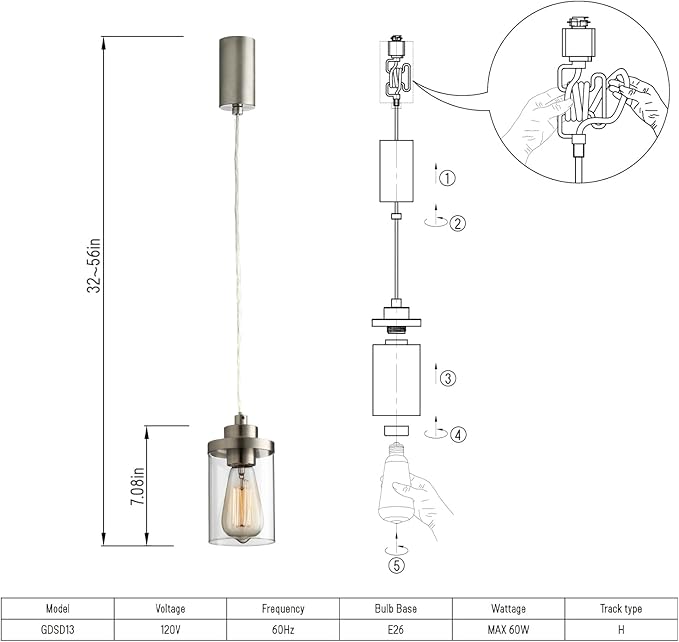mirrea H Type Brushed Nickel Track Lighting Pendant with Clear Glass Shade Cord Adjustable Pack of 1