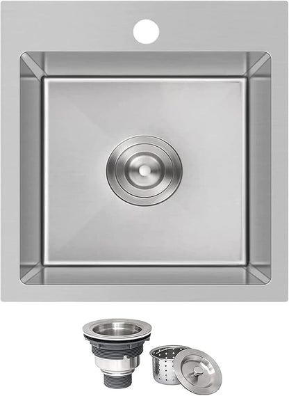 KINGO HOME Drop In Bar Sink,15 x 15 Inch Topmount RV 16 Gauge Stainless Steel Single Bowl Small Kitchen Sink,Outdoor Handmade Stainless Steel Wet Bar Perp Sink with Drain