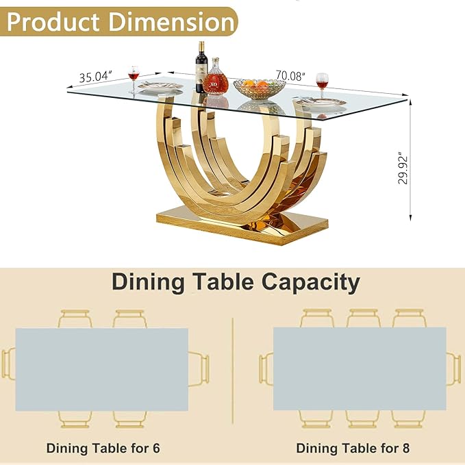 Dining Table for 4 6 People,70" Modern Glass Kitchen Dining Room Table with Tempered Glass Top and Gold Geometric Stainless Steel Pedestal,Luxurious Rectangle Dinner Table for Kitchen, Dining Room