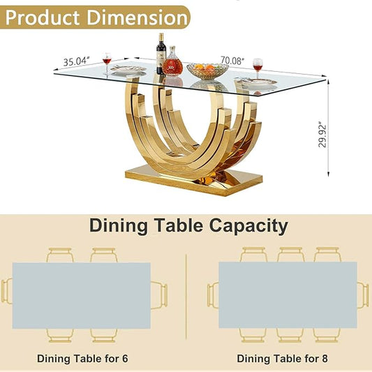 Dining Table for 4 6 People,70" Modern Glass Kitchen Dining Room Table with Tempered Glass Top and Gold Geometric Stainless Steel Pedestal,Luxurious Rectangle Dinner Table for Kitchen, Dining Room