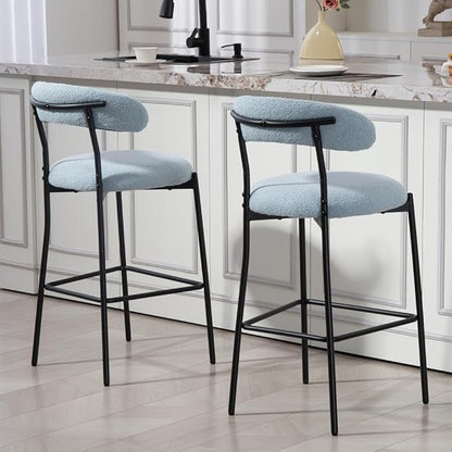 26" Counter Height Bar Stools - Teddy Fabric Upholstered Kitchen Island Stools with Black Powder-Coated Metal Base & Integrated Footrest, Modern Farmhouse Style(Blue)