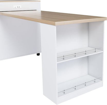80.7-Inch Expandable Kitchen Island with Dining Table, White MDF Kitchen Prep Table with Solid Wood Grain Countertop, Mobile Storage Cart (Cabinet + 2 Drawers) & Power Outle