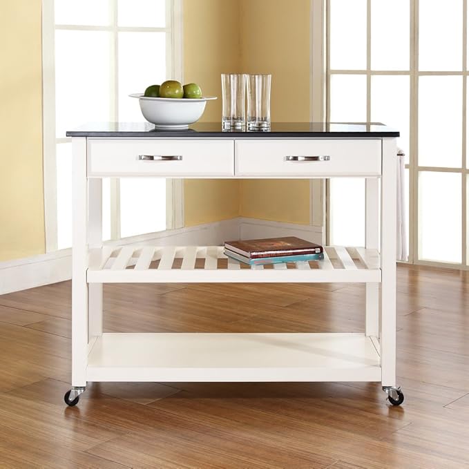 Crosley Furniture Granite Top Kitchen Prep Rolling Cart, Microwave Stand, Coffee Bar, with Shelves, White