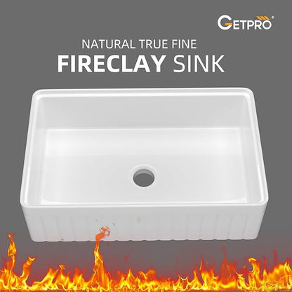 GETPRO White Farmhouse Sink 33 X 20 Fireclay Apron Front Undermount Workstation Kitchen Sink Single Bowl Reversible Farm House Style Extra Deep & Wide with Cutting Board & Accessory Kit