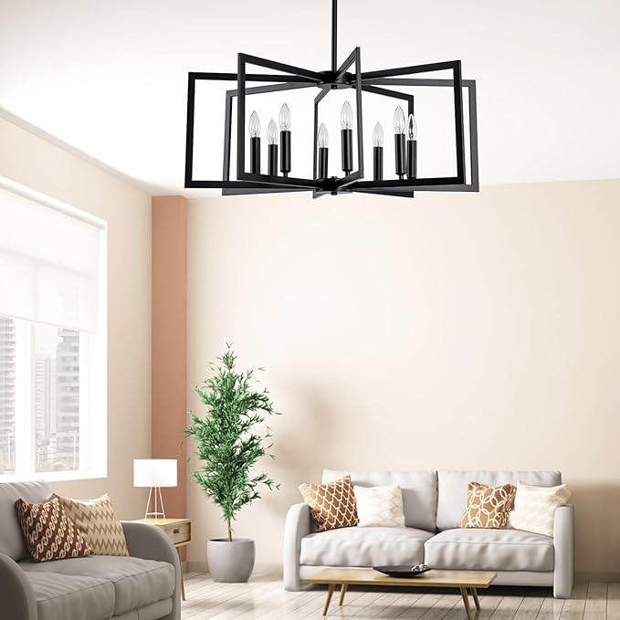Black Chandelier for Dining Room 8-Light Farmhouse Chandelier,Modern Geometric Industrial Meta Pendant Light Fixture Adjustable Height Hanging Lighting for Dining Room,Living Rooms,Villas,Entryway