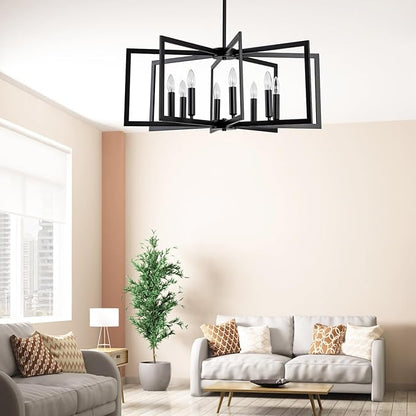 Black Chandelier for Dining Room 8-Light Farmhouse Chandelier,Modern Geometric Industrial Meta Pendant Light Fixture Adjustable Height Hanging Lighting for Dining Room,Living Rooms,Villas,Entryway