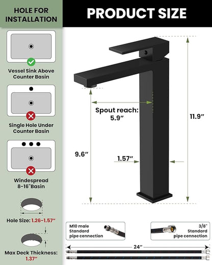 gotonovo Vessel Sink Faucet Single Handle Tall Bathroom Faucet One Hole Modern Lavatory Vanity Basin Mixer Tap Matching Supply Hoses and Pop up Drain Without Overflow, Matte Black