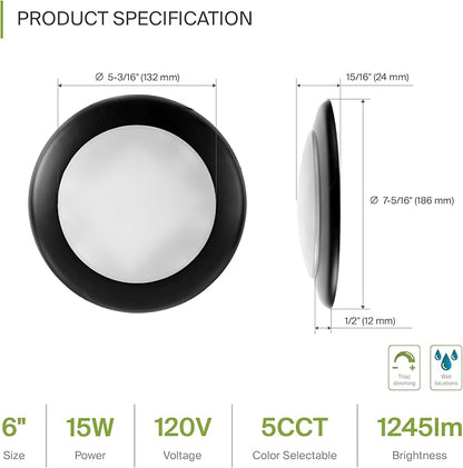 ASD 6 Pack LED Disk Lights 6 Inch, 15W 5CCT 2700K-5000K 1245LM CRI90+, Dimmable Flush Mount Ceiling Light Fixture, Low Profile Surface Mount Disc Lights, Junction Box or Recessed Can Install, UL