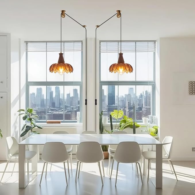YLONG-ZS Plug in Pendant Light,Hanging Light Plug in Vintage Flower Glass Walnut Wood Pendant Light, Modern Gold Pulley Hanging Lamp for Kitchen Island, Bedroom, Dining Room, Living Room，Corner