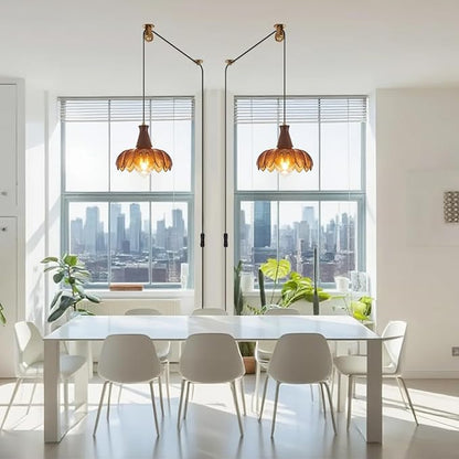 YLONG-ZS Plug in Pendant Light,Hanging Light Plug in Vintage Flower Glass Walnut Wood Pendant Light, Modern Gold Pulley Hanging Lamp for Kitchen Island, Bedroom, Dining Room, Living Room，Corner