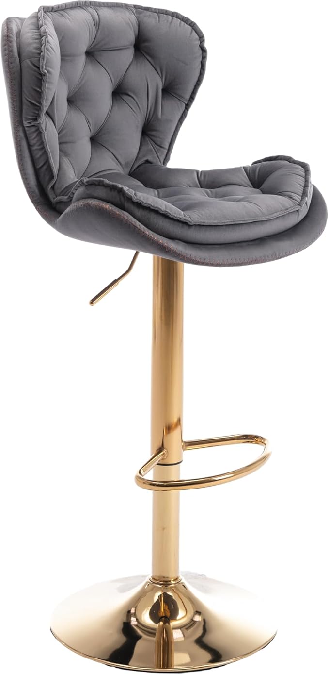 Rhomtree 24-33 Inch Swivel Bar Stools, Adjustable Counter Height Barstools, Velvet Tufted Back and Golden Footrest, Bar Chairs Kitchen Island, Cafe, Bar Counter, Dining Room, Coffee(Grey Set of 8)