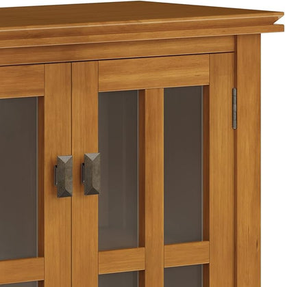 SIMPLIHOME Artisan Storage Cabinet - 30 inch Wide Solid Wood Low Storage Cabinet in Honey Brown, Contemporary Accent Cabinet for Living Room or Dining Room with Glass Doors and Adjustable Shelves