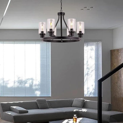 Farmhouse Chandelier for Dining Room Light Fixture Black Kitchen Pendant Light 6-Light Round Rustic Ceiling Hanging Lighting with Glass Globes Adjustable Height Metal E26
