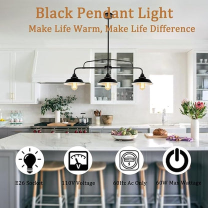 Modern Farmhouse Black Pendant Lighting Fixture, 3-Lights Industrial Linear Chandelier Metal Hanging Lamp for Kitchen Island Dining Room Living Room Hallway Pool Table
