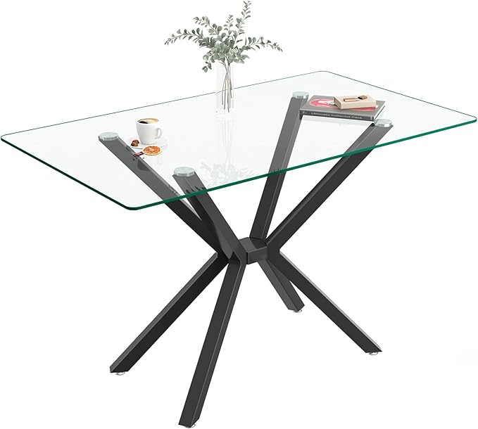 47'' Modern Glass Dining Table for 2-4 People, Rectangular Dining Room Table with Black Metal Legs, Clear Tempered Glass Top Dining Table for 4, Compact Space Dinner Kitchen Table for 4