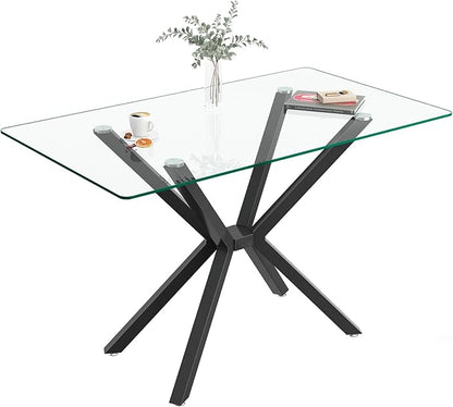 47'' Modern Glass Dining Table for 2-4 People, Rectangular Dining Room Table with Black Metal Legs, Clear Tempered Glass Top Dining Table for 4, Compact Space Dinner Kitchen Table for 4