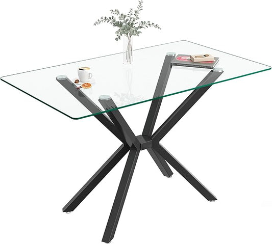 47'' Modern Glass Dining Table for 2-4 People, Rectangular Dining Room Table with Black Metal Legs, Clear Tempered Glass Top Dining Table for 4, Compact Space Dinner Kitchen Table for 4