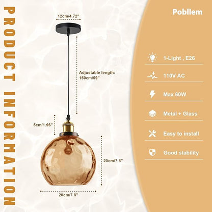 Amber Pendant Light Fixture, 7.8" Hammered Glass Globe Pendant Light with Brass Gold Cap, Adjustable Height 1-Light Vintage Hanging Light for Kitchen Island Dining Room Bedroom