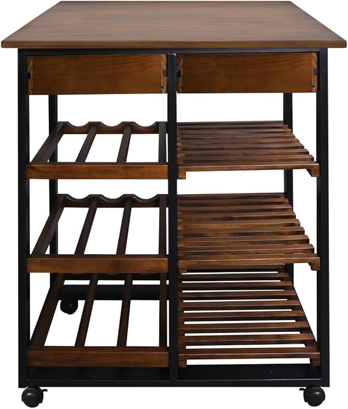 Casual Home Solid Wood 28" Wide l 4-Tier Rolling Kitchen Island Trolley with Wine Rack and Drawer, Mocha/Black