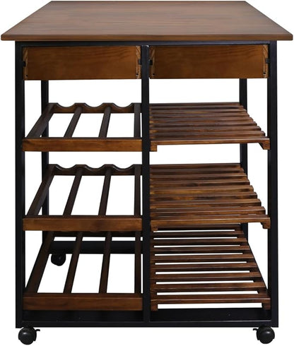 Casual Home Solid Wood 28" Wide l 4-Tier Rolling Kitchen Island Trolley with Wine Rack and Drawer, Mocha/Black