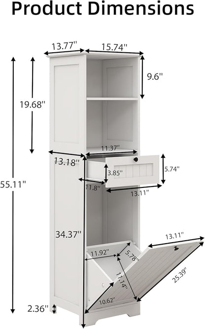 Casaphoria 55 Inch Tall Laundry Sorter Cabinet, Narrow Bathroom Storage Cabinet with Tilt-Out Hamper and Drawer, Freestanding Space-Saving Organizer for Laundry Room, White