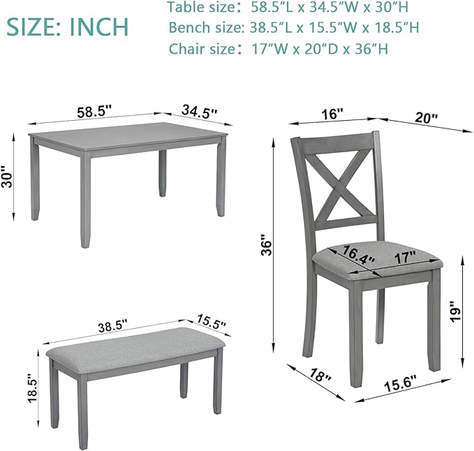 6-Piece Kitchen Dining Set, Rectangular Wooden Dining Table with 4 Upholstered Chairs and 1 Bench, Modern Dining Table Set for 6 People for Dining Room, Home Bar and Kitchen, Gray