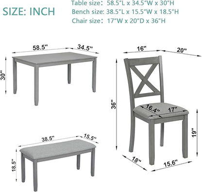 6-Piece Kitchen Dining Set, Rectangular Wooden Dining Table with 4 Upholstered Chairs and 1 Bench, Modern Dining Table Set for 6 People for Dining Room, Home Bar and Kitchen, Gray