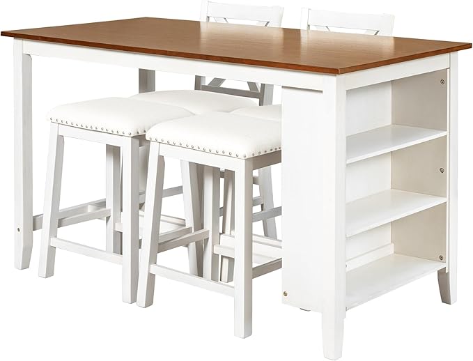 VilroCaz Farmhouse 5-Piece Dining Set, Compact Bar Pub Table With 3-Tier Shelf, Wooden Counter Height Table for 4, Perfect for Small Kitchen Dining Room (White-Chair+Stool)