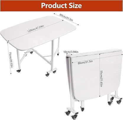 Folding Dining Table, Moveable Kitchen Desk with Wheels, Foldable Dining Table, Space Saving Desk, for Restaurant Room, Kitchen, Living Room, Rustic White, 47.2×31.5×29.5in, for 4-8 People