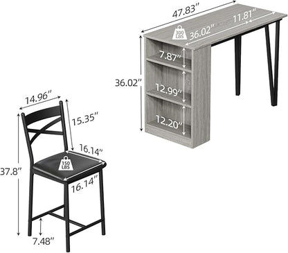 3-Piece Bar Table and Chairs Set, Extendable Kitchen Island with Storage Shelves, Counter Height Dining Table for Small Spaces, 2 Cushioned Bar Stools Included, Gray