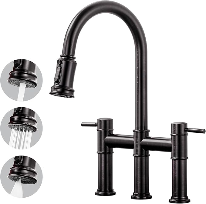 Bridge Faucet for Kitchen Sink: iVIGA Oil Rubbed Bronze Farmhouse 3 Hole Kitchen Faucet with Pull Down Sprayer - 2 Handle High Arc Brass Faucet with 360° Swivel, with Supply Lines