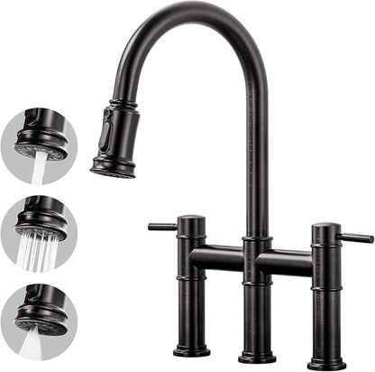 Bridge Faucet for Kitchen Sink: iVIGA Oil Rubbed Bronze Farmhouse 3 Hole Kitchen Faucet with Pull Down Sprayer - 2 Handle High Arc Brass Faucet with 360° Swivel, with Supply Lines