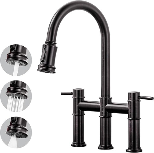 Bridge Faucet for Kitchen Sink: iVIGA Oil Rubbed Bronze Farmhouse 3 Hole Kitchen Faucet with Pull Down Sprayer - 2 Handle High Arc Brass Faucet with 360° Swivel, with Supply Lines