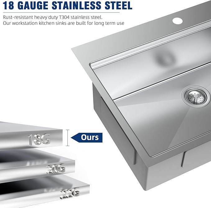 33-inch Undermount Kitchen Sink Workstation - 33x22 Inch Drop In Sink Workstation T304 18 Gauge Stainless Steel Single Bowl Kitchen Sinks with Accessories, Handmade Basin, 9 Inch Deep