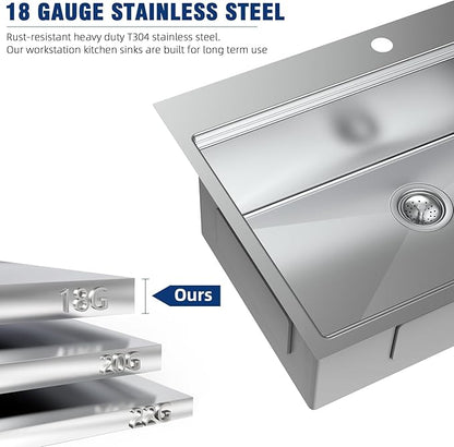 33-inch Undermount Kitchen Sink Workstation - 33x22 Inch Drop In Sink Workstation T304 18 Gauge Stainless Steel Single Bowl Kitchen Sinks with Accessories, Handmade Basin, 9 Inch Deep