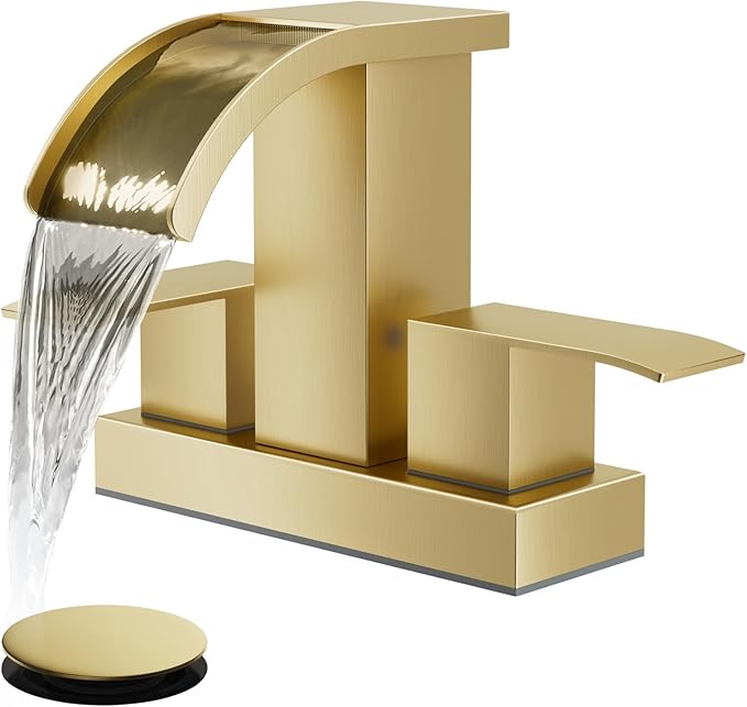 gotonovo Waterfall 4 Inch Centerset Bathroom Sink Faucet 2 Handle Basin Faucets 2 or 3 Hole Deck Mount with Pop Up Drain Included Lavatory Modern Mixer Tap Vanity Faucet Brushed Gold