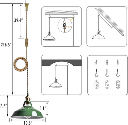 YUBOLE Modern Green Plug-in Pendant Light,Macarons Kitchen Hanging Swag Lighting, Metal Barn Shade with On-Off Switch Plug Cord Light for Bedroom Foyer Dining Bar