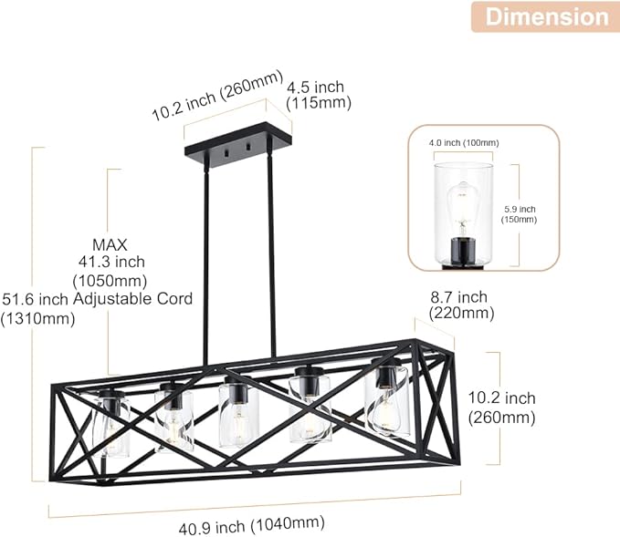 5-Lights Farmhouse Kitchen Island Light in Black Finish, Vintage Rectangular Linear Pendant Lighting Fixtures with Clear Glass Shades for Bar Pool Table